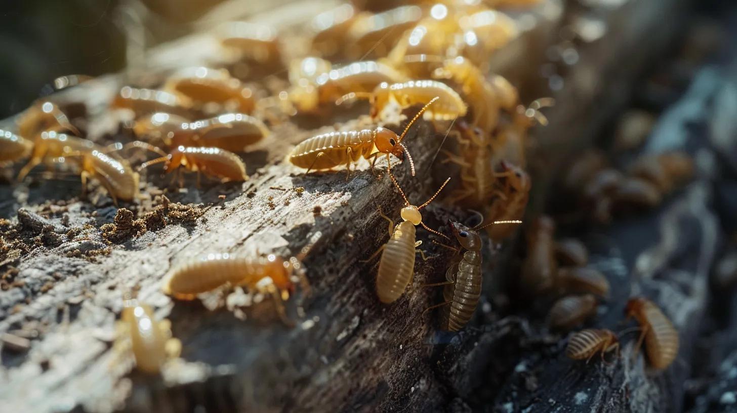 Termites on wood, highlighting signs of potential structural damage, relevant to pest control services in South Florida.