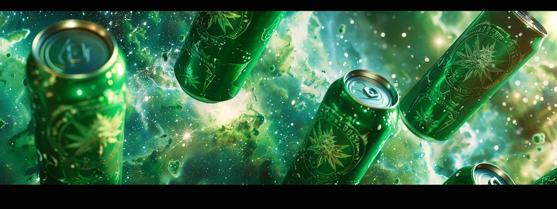 Cans of drinks on the space backgrounds like nebulas or planetary systems using different styles of green colors as filter to denote the Cannabis association, Anomaly's THC infused seltzers.