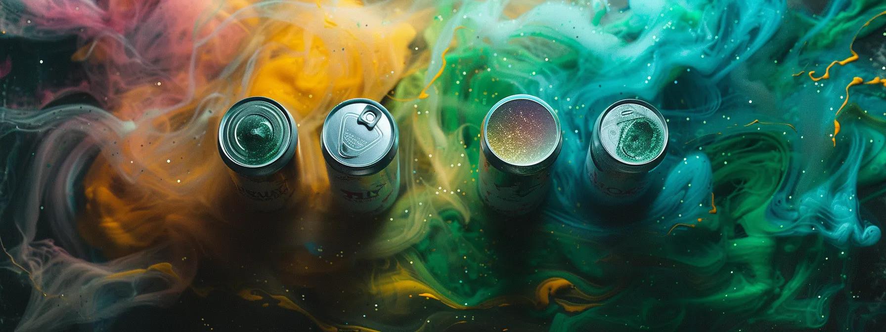 Cans of drinks on the space, brackgrounds like nebulas or planetarysystems using different styles of green colors as filter to denote the Cannabis assotiation, Anomaly's THC infused seltzers.
