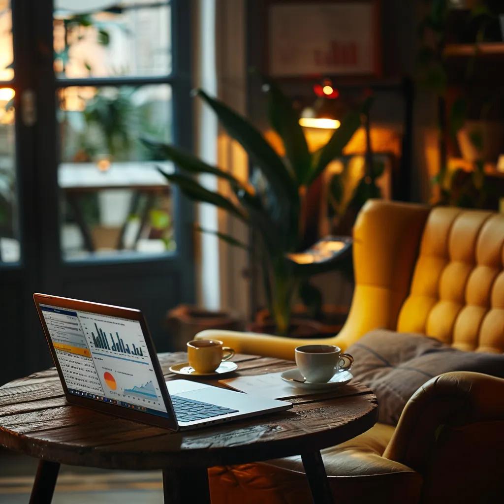 Cozy workspace with a laptop displaying financial data, symbolizing the benefits of hiring a fractional CFO