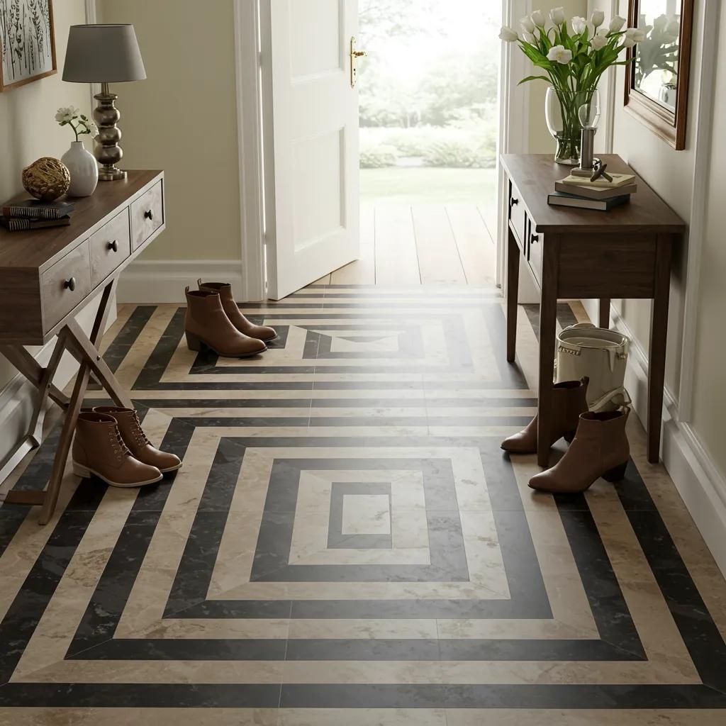 Intriguing optical illusion floor tiles creating a sense of depth and visual dynamism in a chic entryway