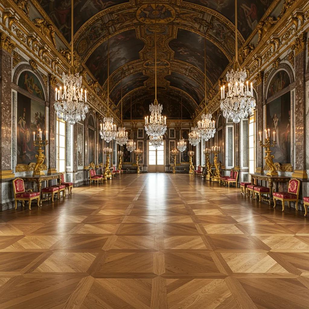 The opulent interior of the Palace of Versailles, showcasing its famous parquet flooring and lavish decor