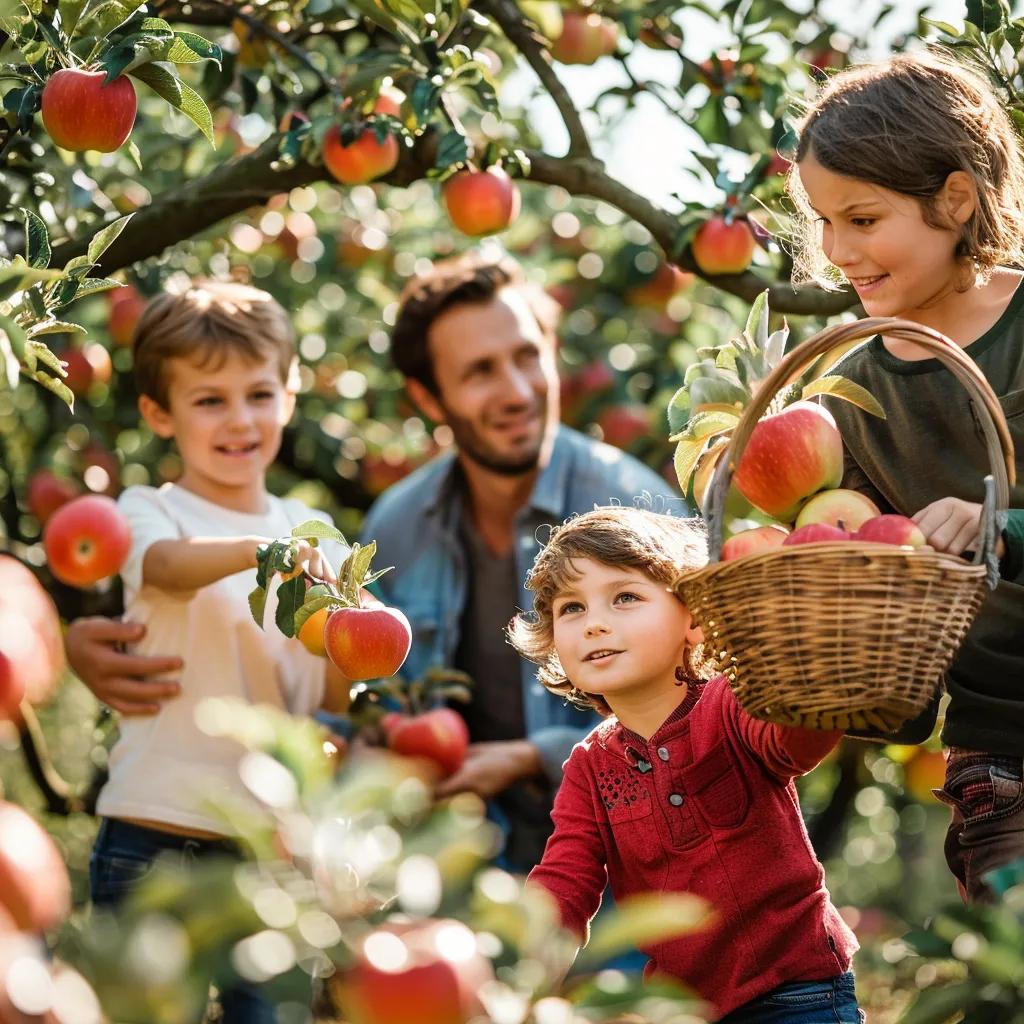 Family picking apples at Mercier Orchards, enjoying a farm-to-table experience in Blue Ridge Family picking apples at Mercier Orchards, enjoying a farm-to-table experience in Blue Ridge