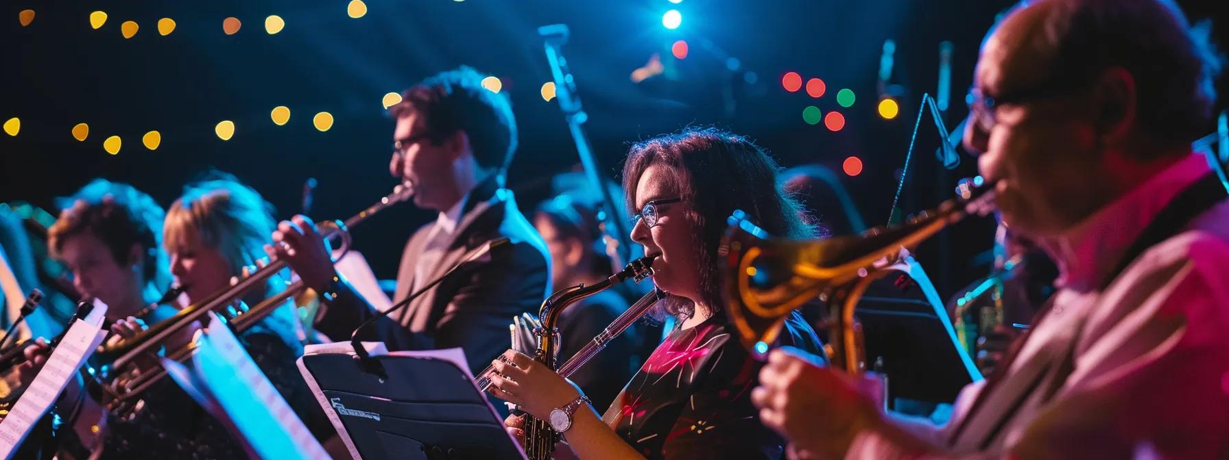 A vibrant community orchestra performing on stage, with musicians focused and engaged.