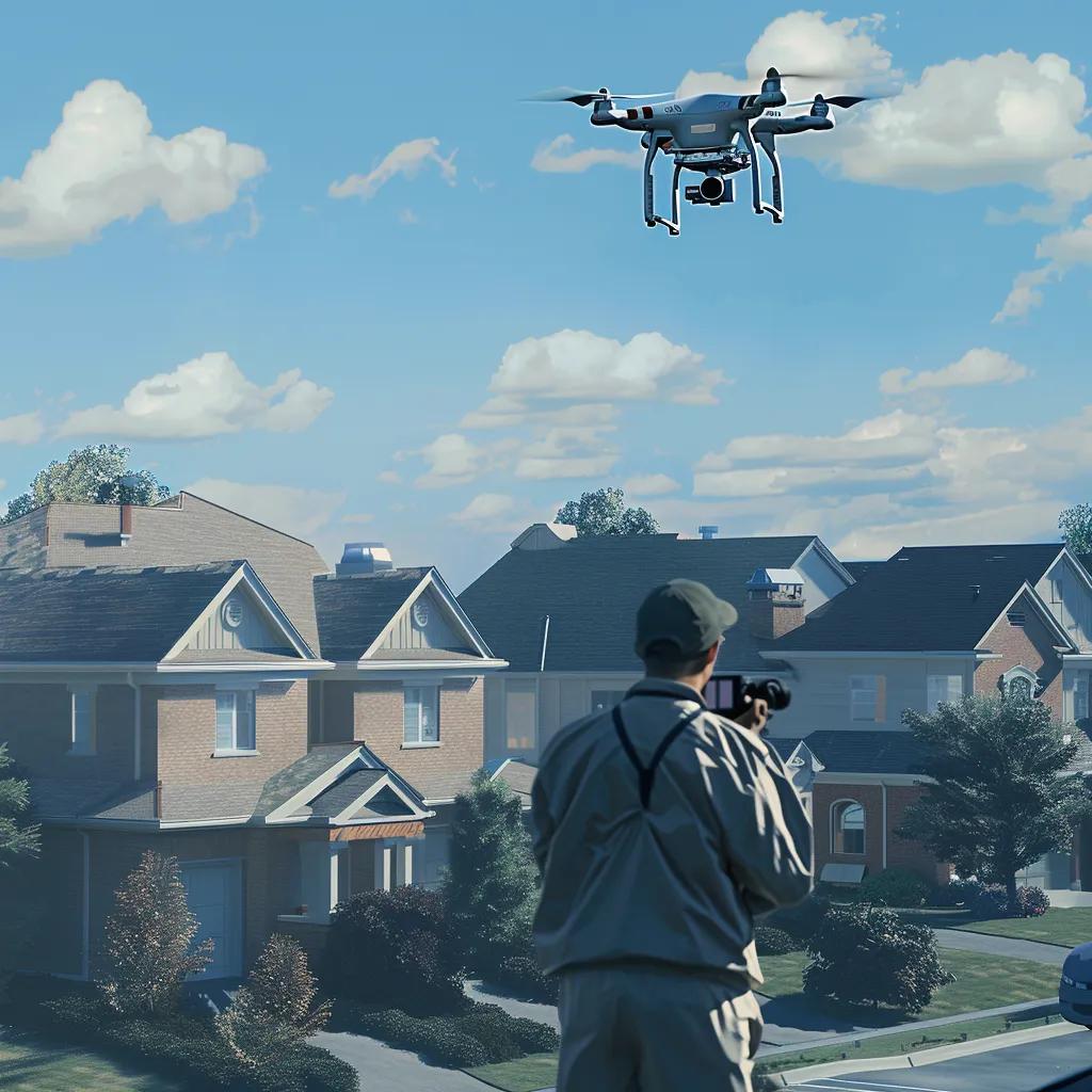 Drone inspection of a complex roof structure showcasing advanced roofing technology