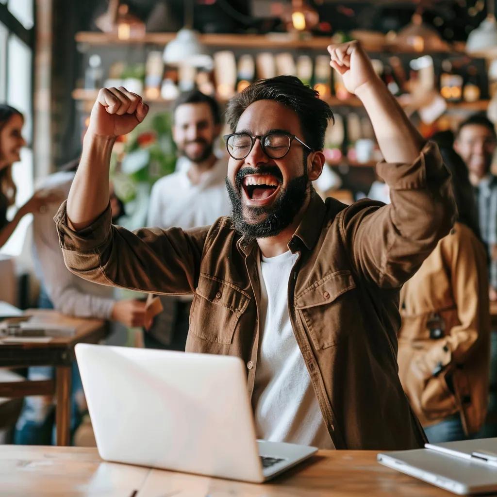 Small business owner celebrating success from digital marketing in Frisco Small business owner celebrating success from digital marketing in Frisco