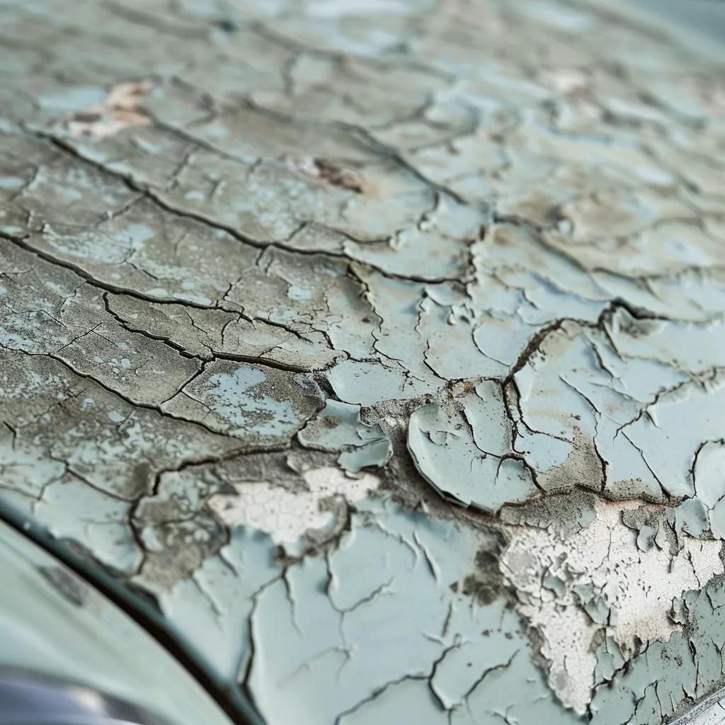 Close-up view of car paint exhibiting UV damage, showing clear signs of fading and a chalky texture