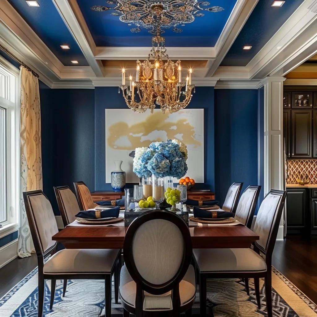 Elegant dining room featuring a bold painted ceiling as a design focal point