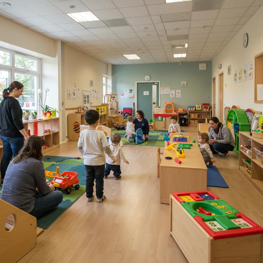 A parent and child exploring a bright, engaging daycare with colorful play areas and smiling staff A parent and child exploring a bright, engaging daycare with colorful play areas and smiling staff
