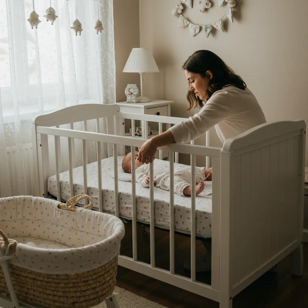 Parent gently placing baby in a cot, illustrating safe transition from Moses basket