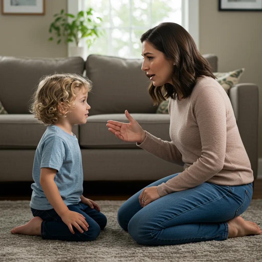 A parent demonstrating a sincere apology to their child, emphasizing the importance of open emotional communication within families A parent demonstrating a sincere apology to their child, emphasizing the importance of open emotional communication within families