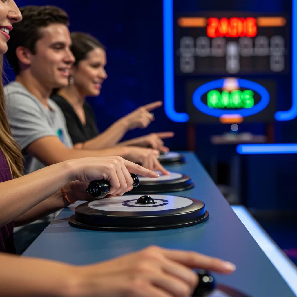 People eagerly using wireless buzzers in a game show showdown, highlighting dynamic engagement and thrill