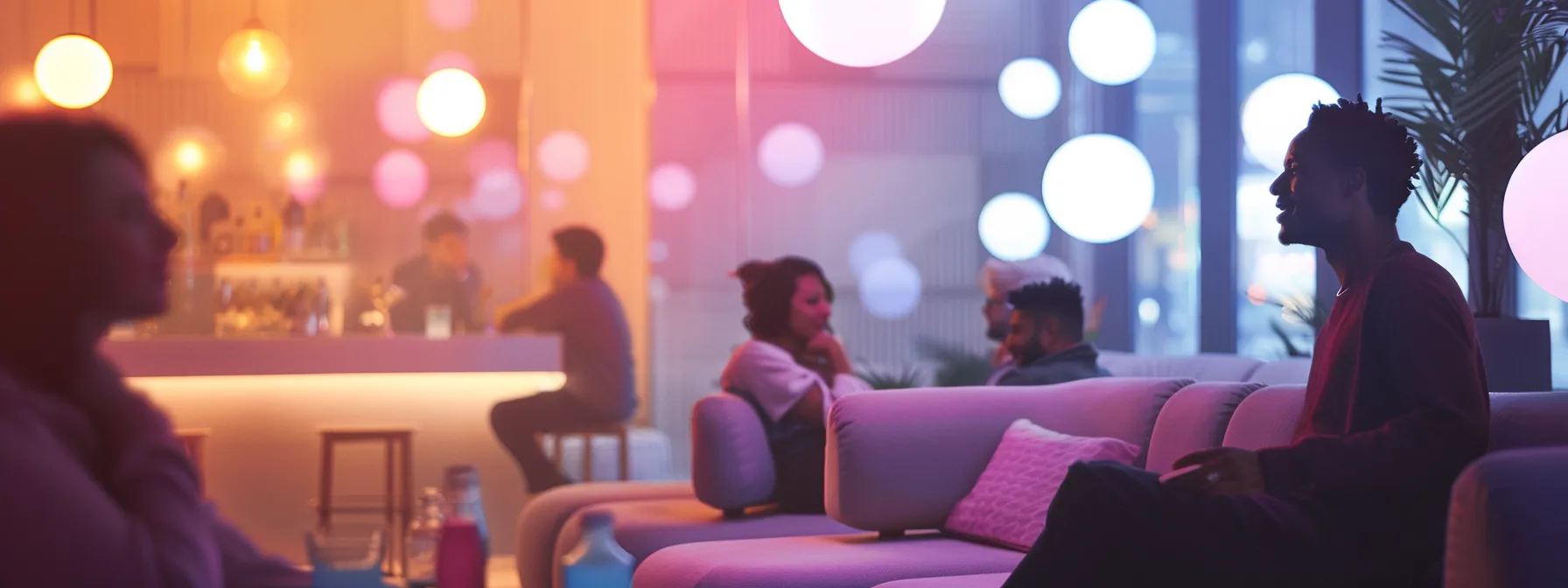 A softly lit, pastel-toned scene with cosmic textures and a floaty, calm vibe. Friends lounge and laugh in a modern, retro-futuristic space, connected and at ease. The moment feels light, euphoric, and unhurried—like clarity in motion. A THC-infused seltzer sits nearby, subtle and secondary. No logos or cans visible.
