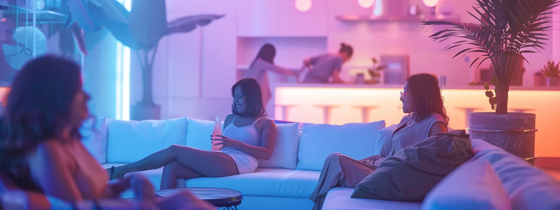 A softly lit, pastel-toned scene with cosmic textures and a floaty, calm vibe. Friends lounge and laugh in a modern, retro-futuristic space, connected and at ease. The moment feels light, euphoric, and unhurried—like clarity in motion. A THC-infused seltzer sits nearby, subtle and secondary. No logos or cans visible.