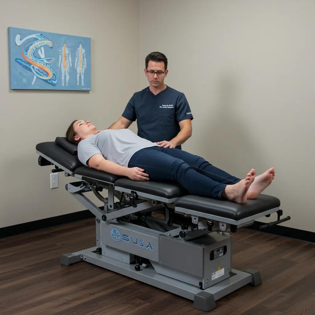 Patient receiving spinal decompression therapy in a professional setting