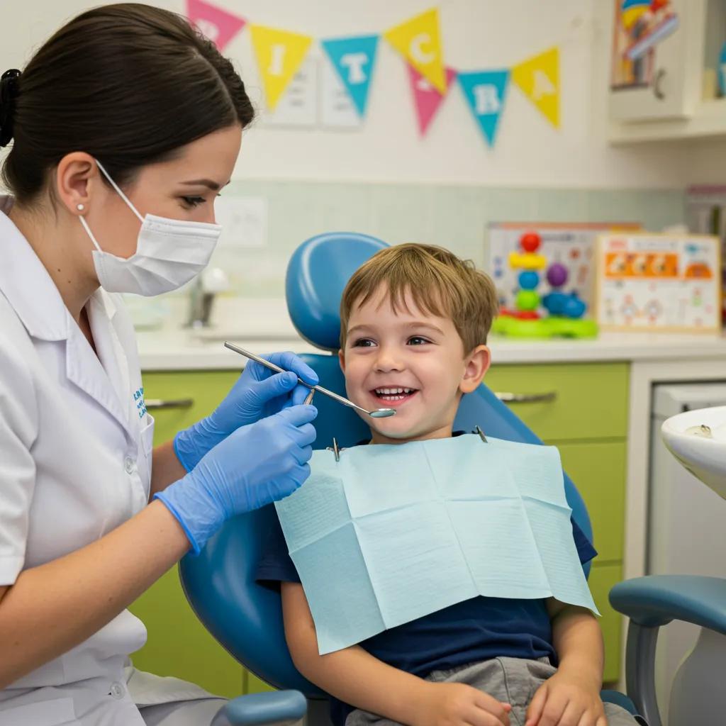 Pediatric dentist showing tools to a smiling child in a colorful dental office