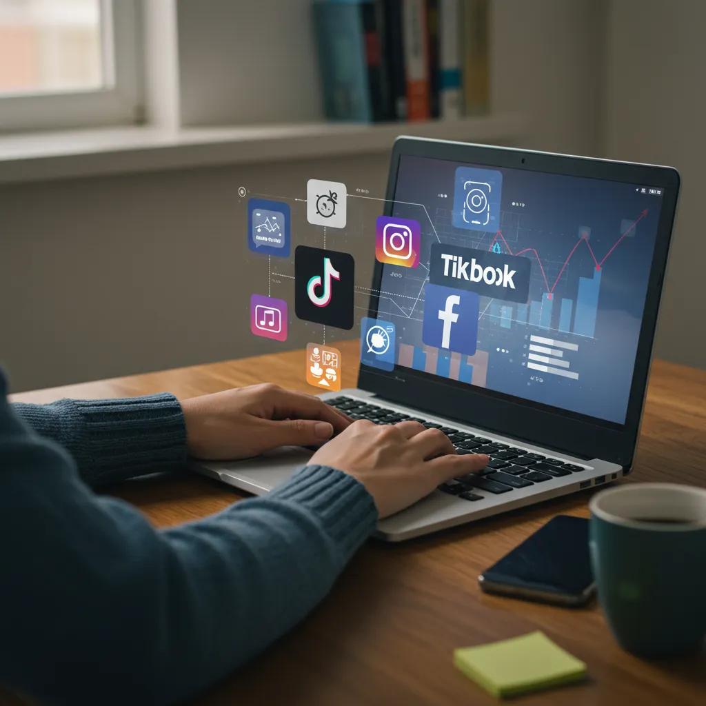 Person analyzing social media platforms in a cozy home office