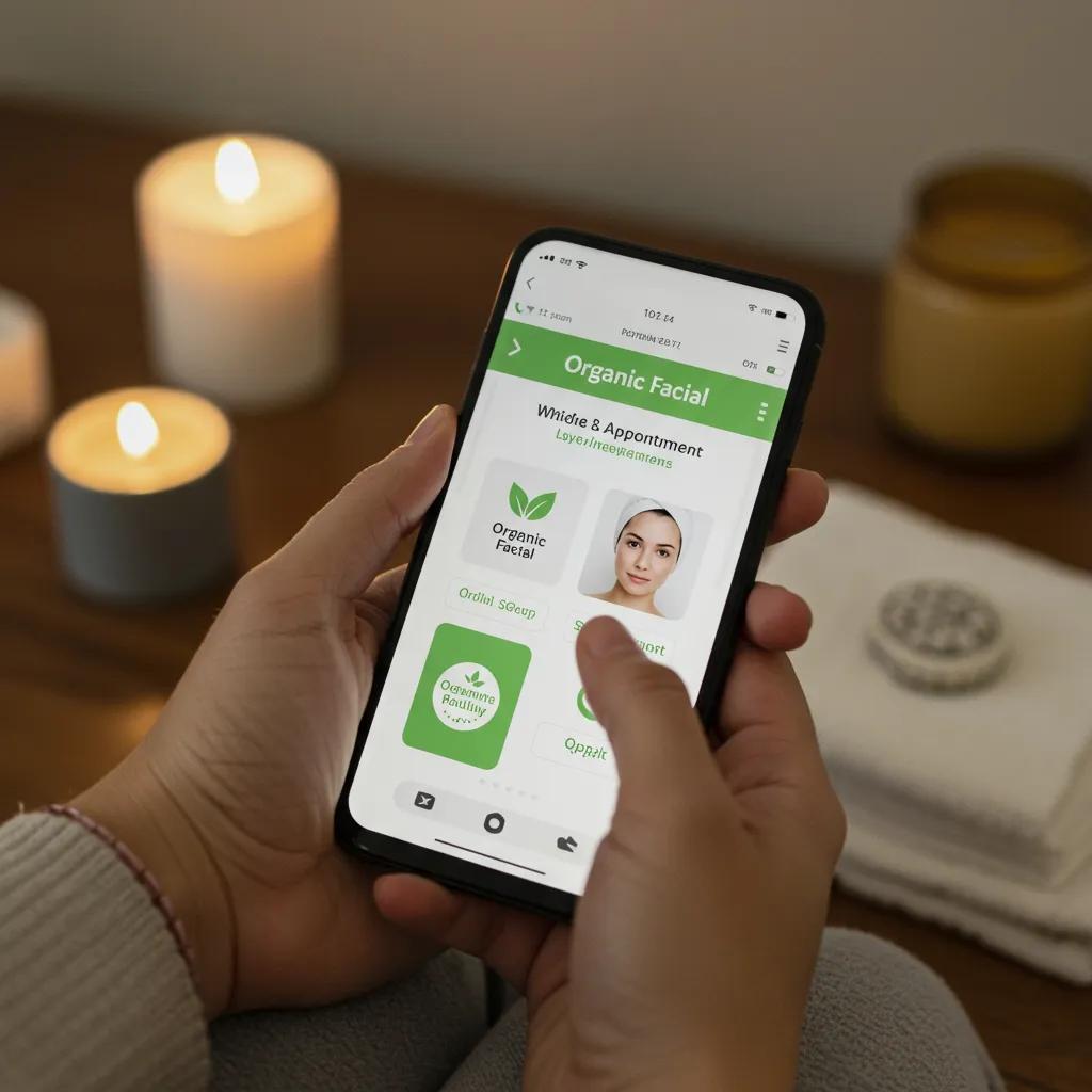 A person easily booking an organic facial appointment online using their smartphone in a spa setting