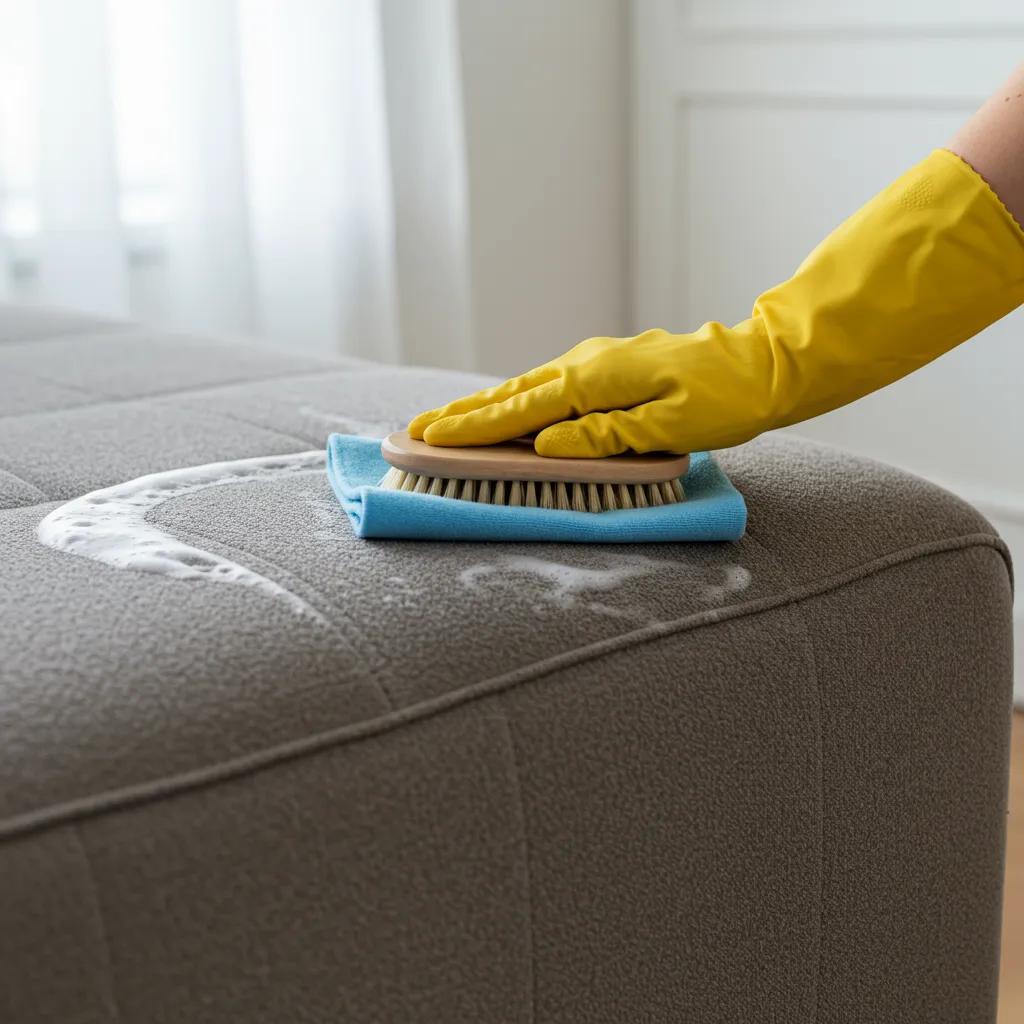 Person cleaning microfiber sofa with mild detergent solution, demonstrating upholstery maintenance techniques for synthetic fabrics.