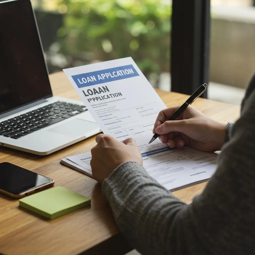 Person completing a loan application form, illustrating the loan application process Person completing a loan application form, illustrating the loan application process