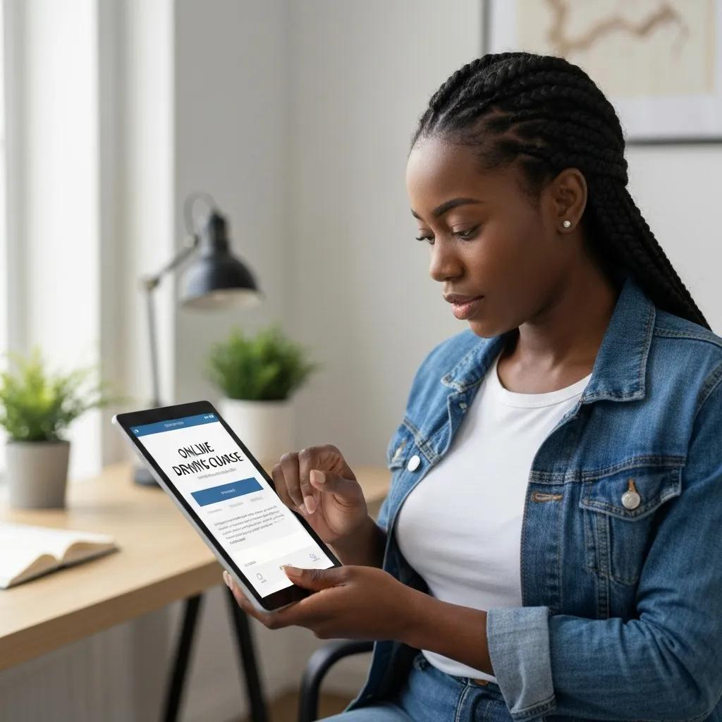 A person signing up for an online driving course using a tablet while in a home office setting