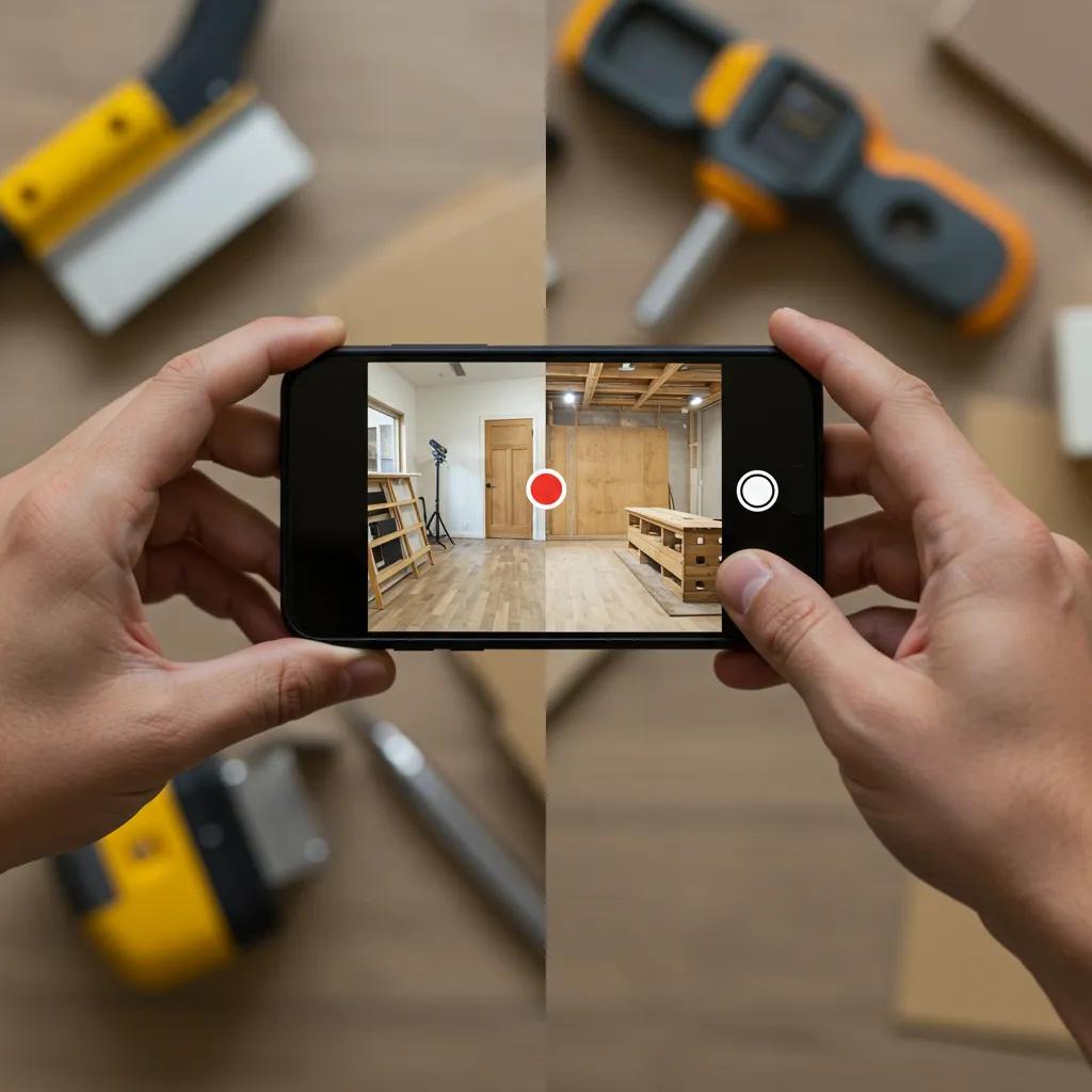 Person filming a short-form video of a home project transformation