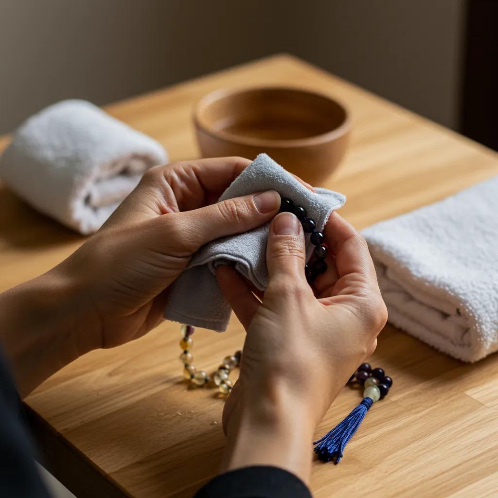 A person carefully cleaning a gemstone mala with a soft cloth in a calm setting, emphasizing mindful care