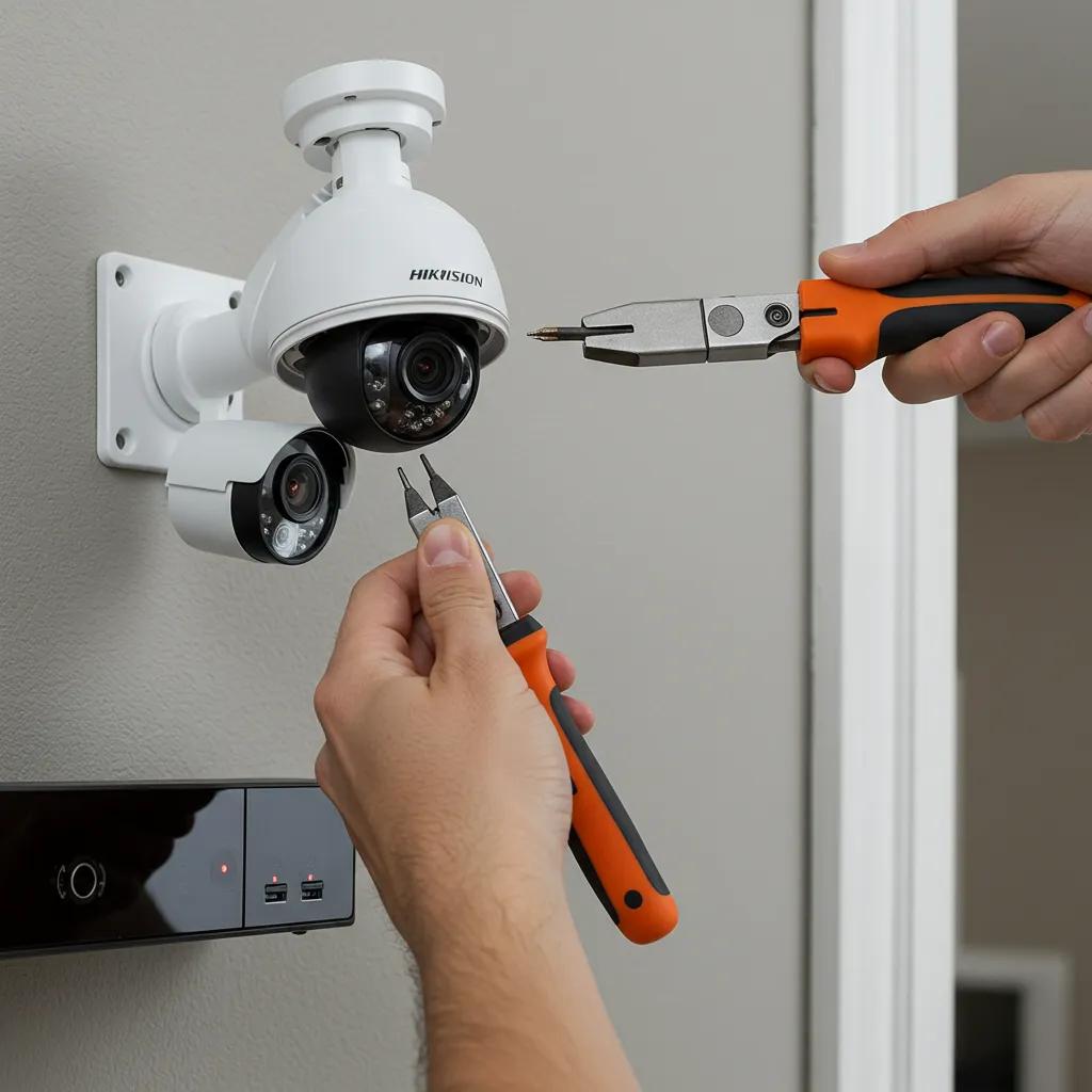 Person installing a Hikvision security camera system, illustrating the installation process and equipment involved