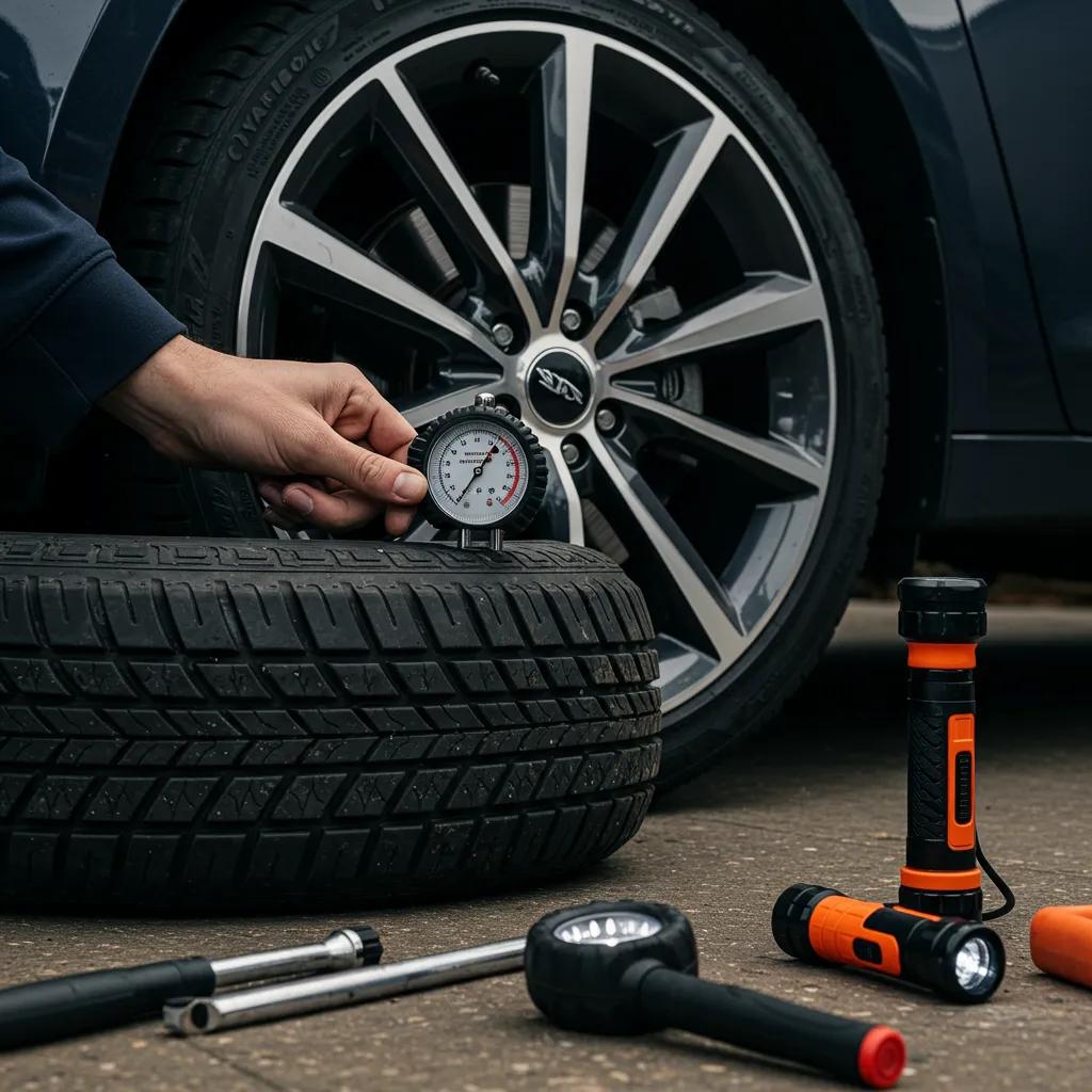 A person checking tyre tread depth on a car, performing essential pre-MOT checks