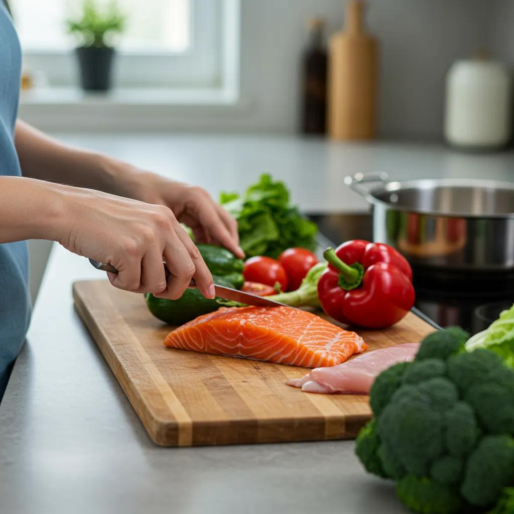 A person preparing a healthy, low-fat meal in a kitchen, emphasizing dietary management for Orlistat side effects