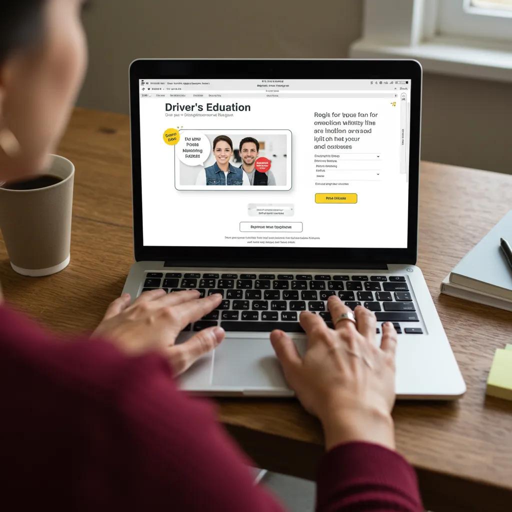 A person is shown registering for a driver's education course online using a laptop in a comfortable home office setting