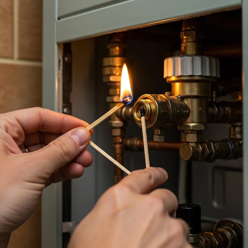 Person relighting a pilot light on an older boiler, demonstrating safe troubleshooting techniques