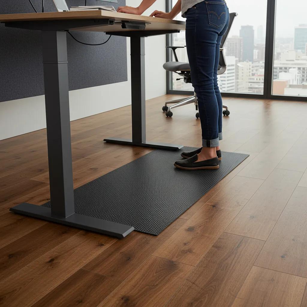 Person standing at a desk on ergonomic flooring, demonstrating posture support