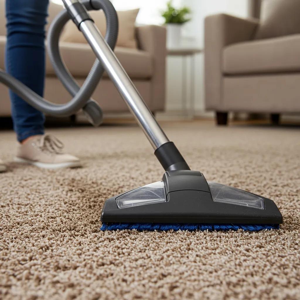 A person expertly vacuuming a plush carpet, demonstrating effective cleaning techniques