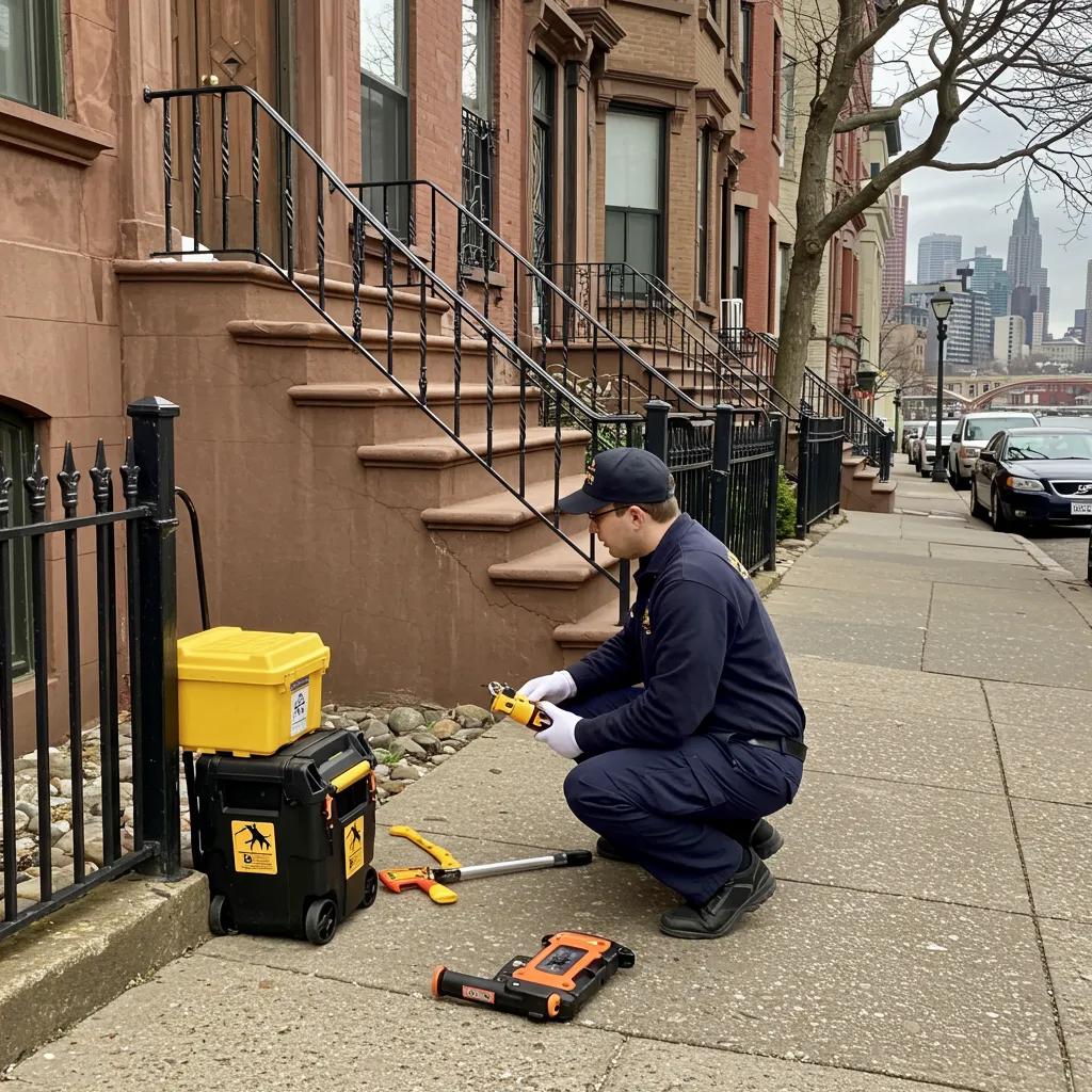 Pest control technician inspecting foundation for pest prevention in Bayonne