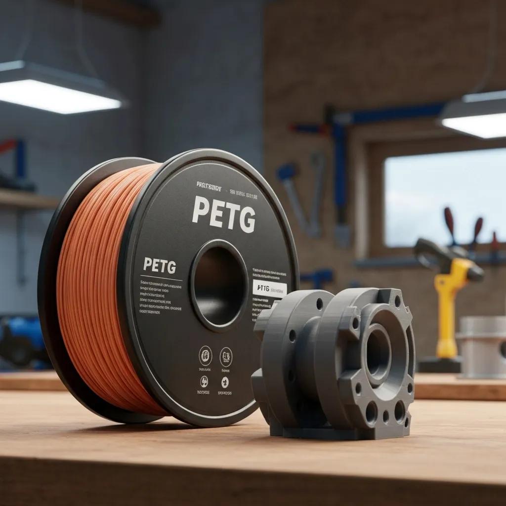 PETG filament tekercs egy robusztus 3D-nyomtatott mechanikai alkatrésszel, amely bemutatja annak szilárdságát és sokoldalúságát