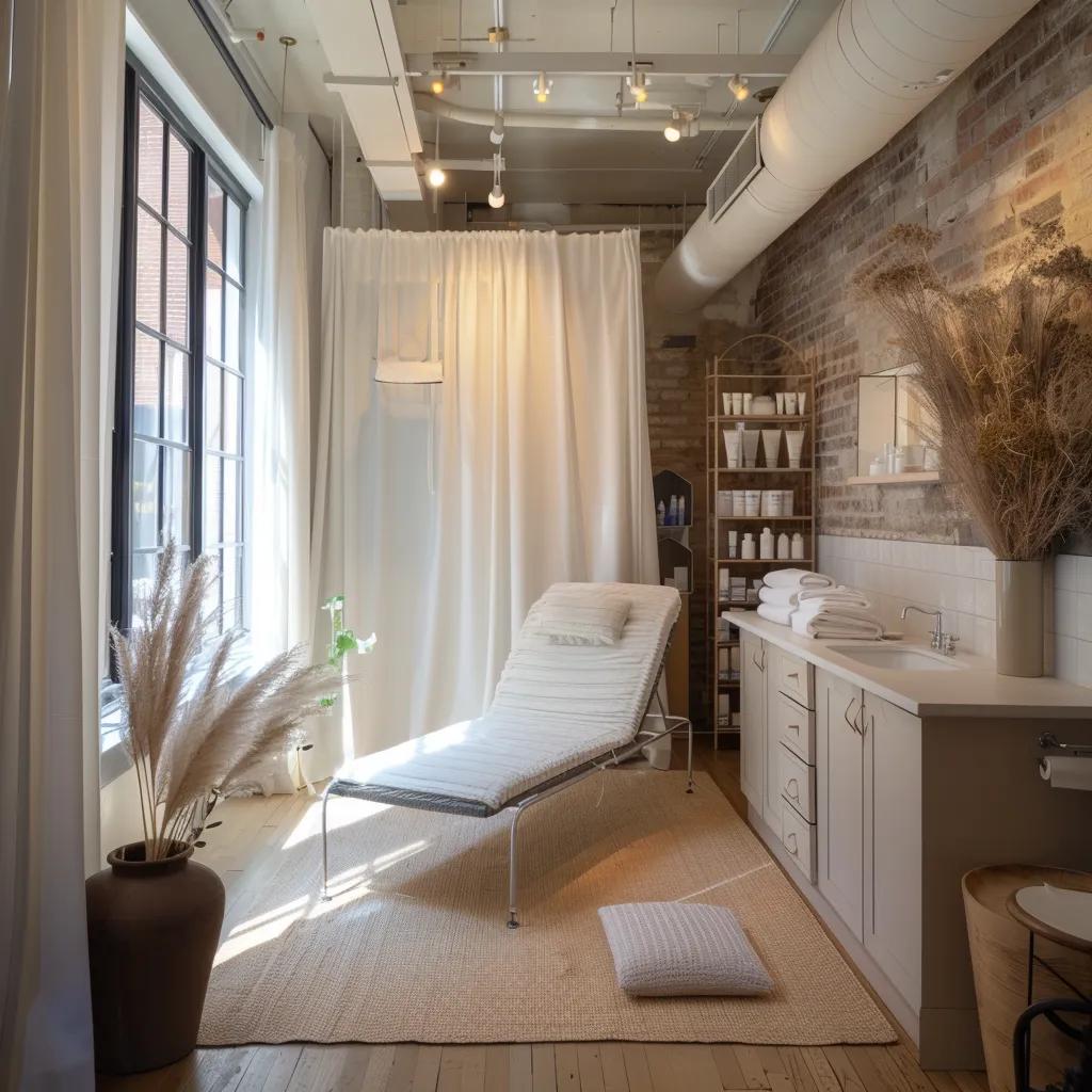 a chic, modern waxing studio in lower manhattan, filled with elegant decor and stylish lighting, showcasing a cozy examination room with a welcoming atmosphere that emphasizes the trendiness of affordable bikini waxing.