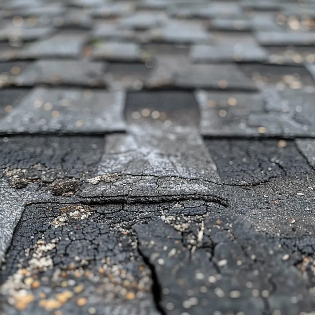 a close-up view of an aging rooftop showcasing visible granule loss on weathered shingles, highlighting the stark contrast between the exposed asphalt and remaining granules under soft, diffused indoor lighting for a candid yet realistic look at roofing deterioration. a close-up view of an aging rooftop showcasing visible granule loss on weathered shingles, highlighting the stark contrast between the exposed asphalt and remaining granules under soft, diffused indoor lighting for a candid yet realistic look at roofing deterioration.