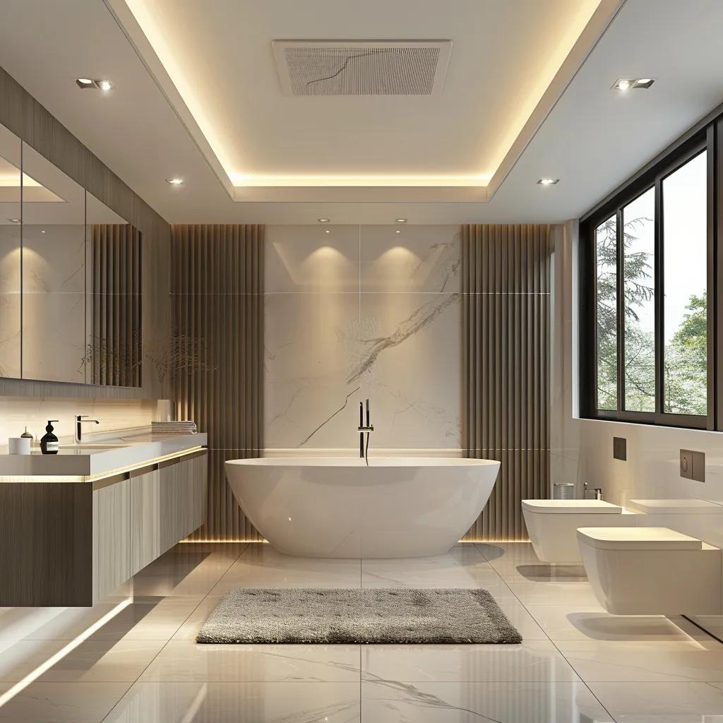 a modern bathroom with an exposed soffit vent, meticulously designed ductwork, and stylish ventilation features, illuminated by warm artificial lighting highlighting the sleek fixtures and emphasizing the importance of efficient airflow for moisture control and indoor air quality. a modern bathroom with an exposed soffit vent, meticulously designed ductwork, and stylish ventilation features, illuminated by warm artificial lighting highlighting the sleek fixtures and emphasizing the importance of efficient airflow for moisture control and indoor air quality.
