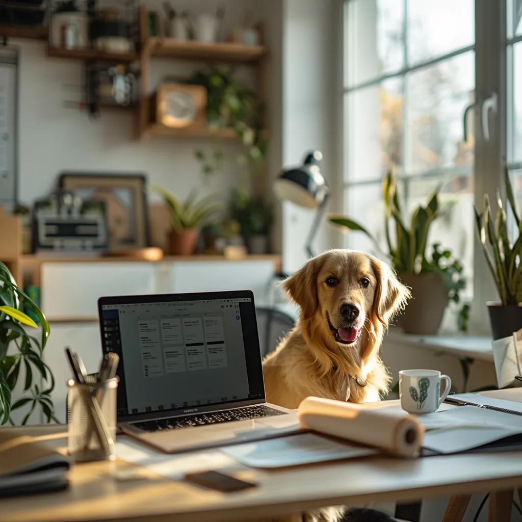 a modern, well-organized office space showcases a laptop displaying glowing customer reviews on dog poop bags, with a notepad and pen nearby, emphasizing the significance of informed purchasing decisions. a modern, well-organized office space showcases a laptop displaying glowing customer reviews on dog poop bags, with a notepad and pen nearby, emphasizing the significance of informed purchasing decisions.