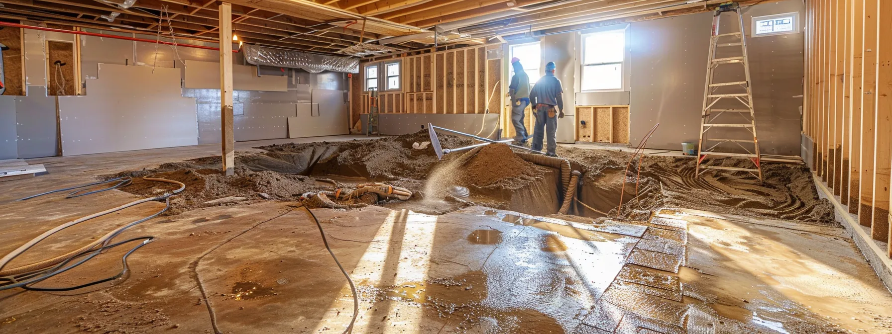 a well-lit residential basement showcases a professional waterproofing process, featuring exposed concrete walls and flooring, as a contractor in safety gear meticulously seals cracks with hydraulic cement while another installs a french drain, embodying the essential maintenance of moisture control systems. a well-lit residential basement showcases a professional waterproofing process, featuring exposed concrete walls and flooring, as a contractor in safety gear meticulously seals cracks with hydraulic cement while another installs a french drain, embodying the essential maintenance of moisture control systems.