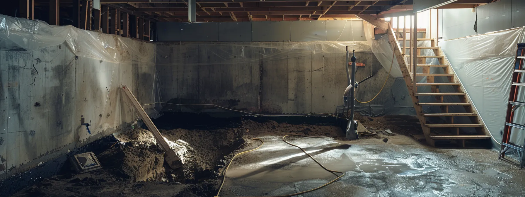 a well-lit residential basement showcases the waterproofing process, featuring exposed concrete walls as contractors expertly apply membranes, seal cracks with hydraulic cement, and install a french drain alongside a prepared sump pump in a clean and professional workspace. a well-lit residential basement showcases the waterproofing process, featuring exposed concrete walls as contractors expertly apply membranes, seal cracks with hydraulic cement, and install a french drain alongside a prepared sump pump in a clean and professional workspace.
