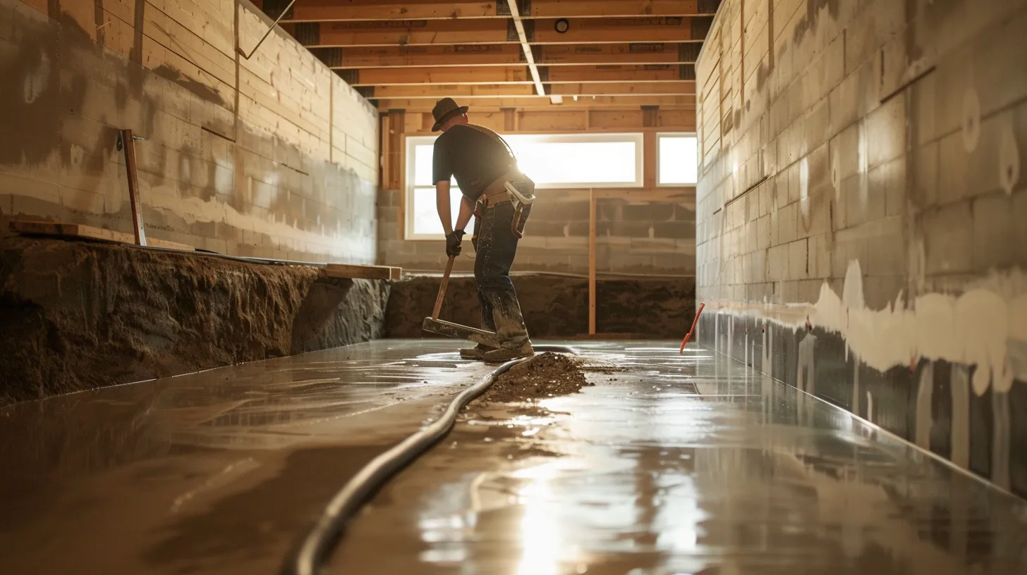 a well-lit residential basement showcases the waterproofing process, featuring exposed concrete walls while a contractor expertly seals cracks with hydraulic cement and another installs a french drain, highlighting the importance of professional basement protection against seasonal moisture issues. a well-lit residential basement showcases the waterproofing process, featuring exposed concrete walls while a contractor expertly seals cracks with hydraulic cement and another installs a french drain, highlighting the importance of professional basement protection against seasonal moisture issues.