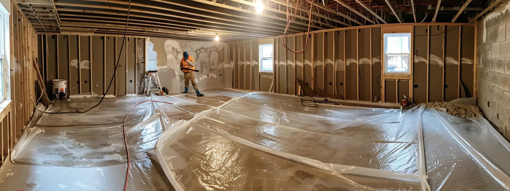 a well-lit residential basement features exposed concrete walls and flooring, with waterproofing membranes being expertly applied by contractors in safety gear, as they seal cracks with hydraulic cement and install a french drain, emphasizing a clean and professional waterproofing process. a well-lit residential basement features exposed concrete walls and flooring, with waterproofing membranes being expertly applied by contractors in safety gear, as they seal cracks with hydraulic cement and install a french drain, emphasizing a clean and professional waterproofing process.