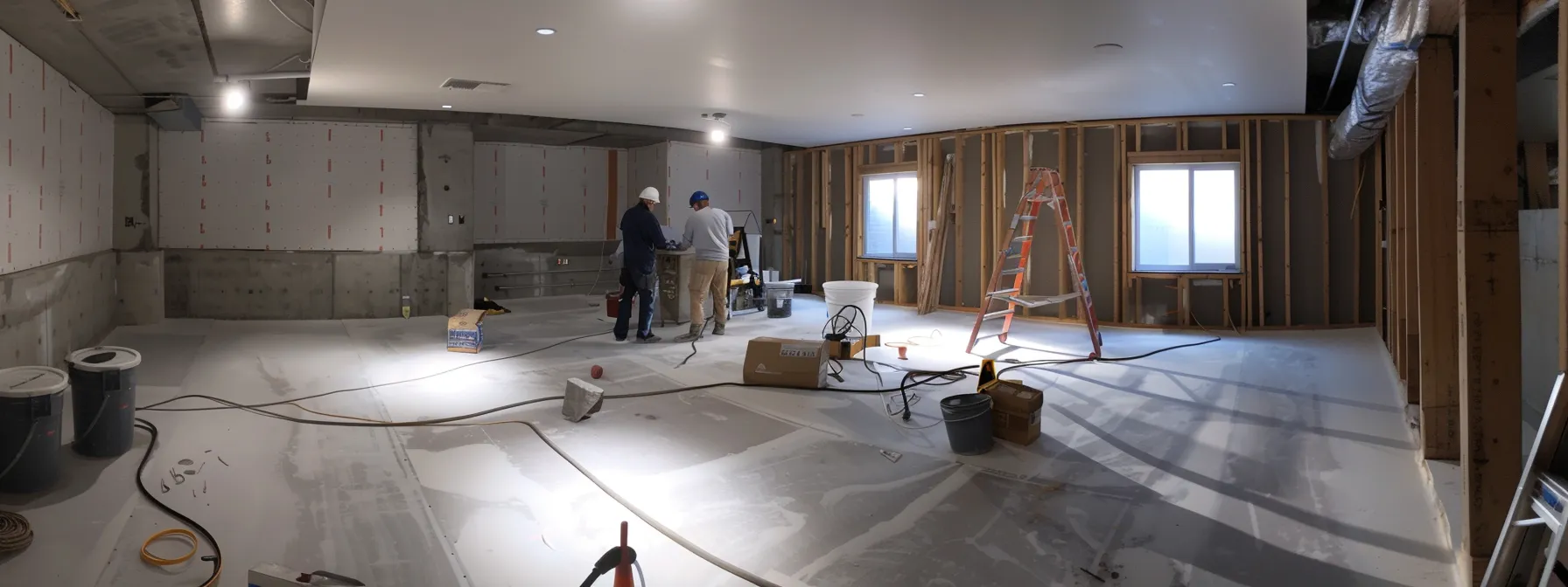 a well-lit residential basement showcases the waterproofing process, featuring exposed concrete walls while a contractor diligently applies hydraulic cement to seal cracks and another installs a french drain, highlighting a clean, professional workspace ready for maintenance. a well-lit residential basement showcases the waterproofing process, featuring exposed concrete walls while a contractor diligently applies hydraulic cement to seal cracks and another installs a french drain, highlighting a clean, professional workspace ready for maintenance.