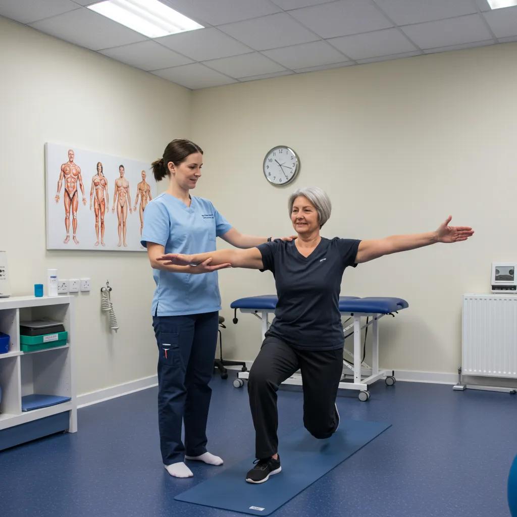 Physiotherapist guiding a patient through rehabilitation exercises in a therapy setting
