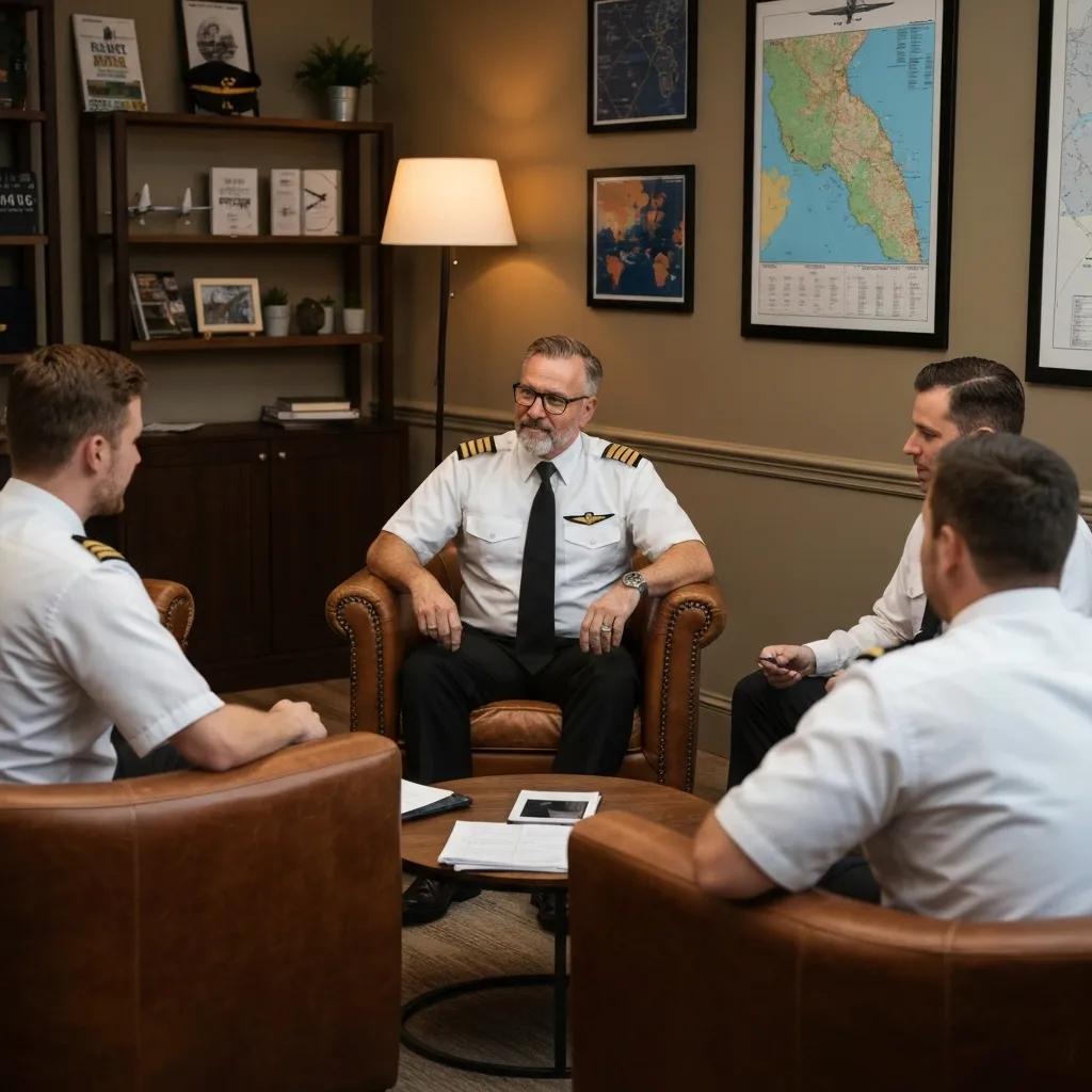 Pilots participating in a peer support discussion, fostering mental health and community connection