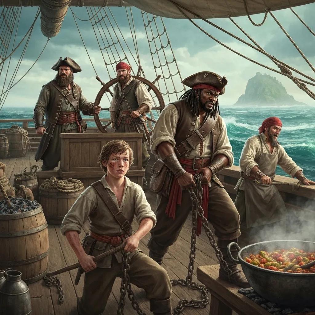 Pirate crew members engaged in daily tasks aboard a ship, highlighting the structured life of pirates during the Golden Age of Piracy