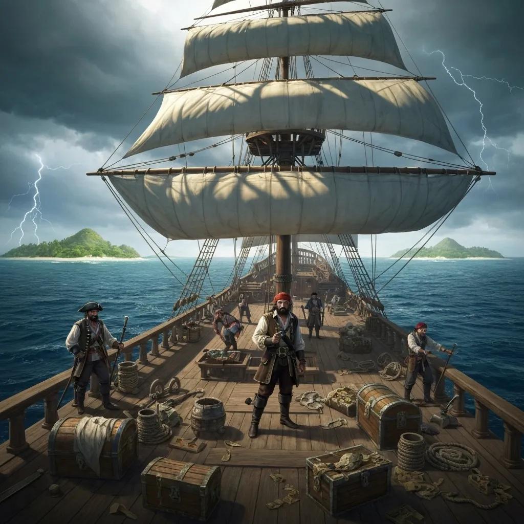 Pirate ship sailing on the high seas with Jolly Roger flag, symbolizing the adventurous spirit of the Golden Age of Piracy