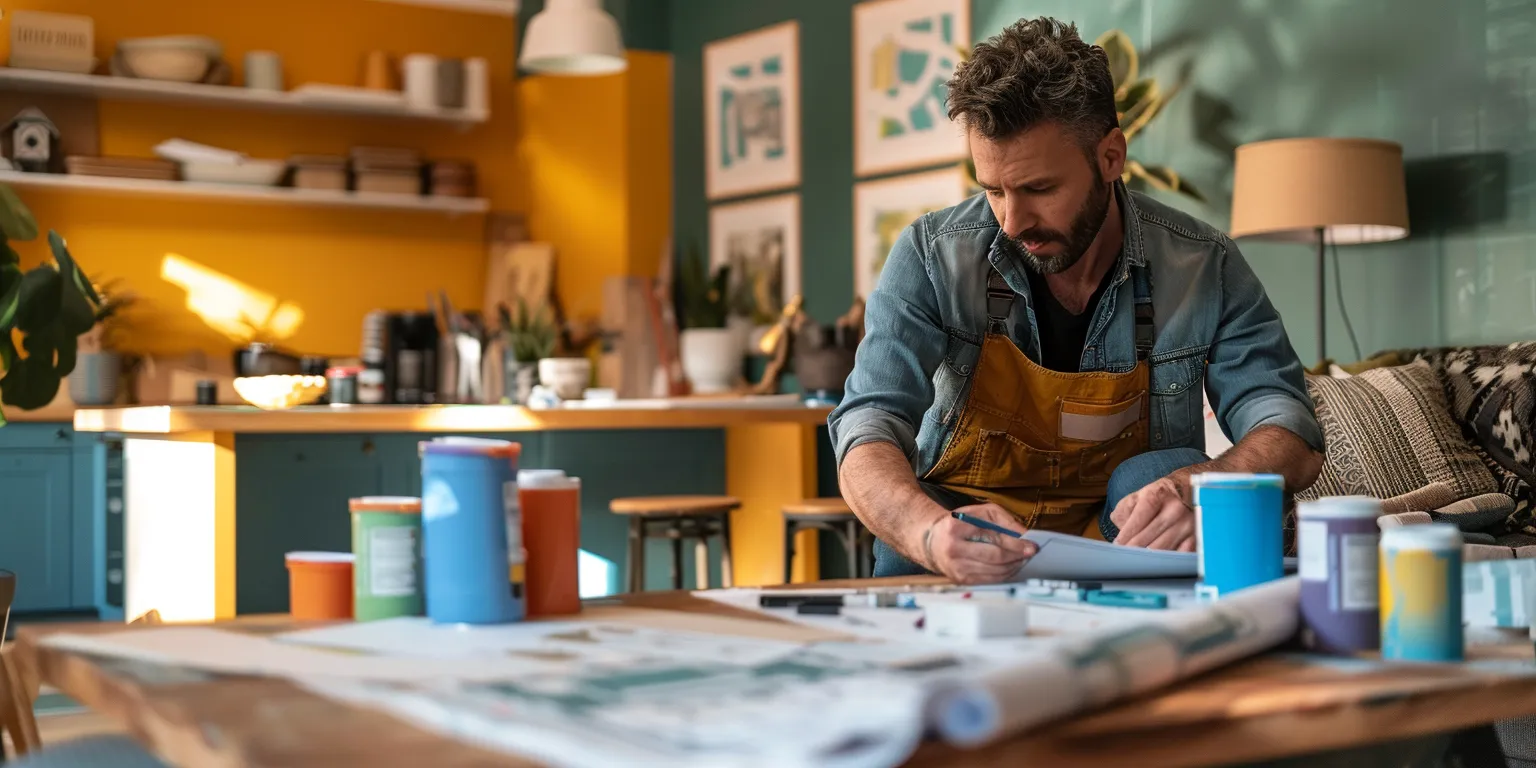 Man sketching home design plans on a table surrounded by paint cans and renovation materials in a stylish kitchen setting, illustrating Oria Builders' remodeling services.